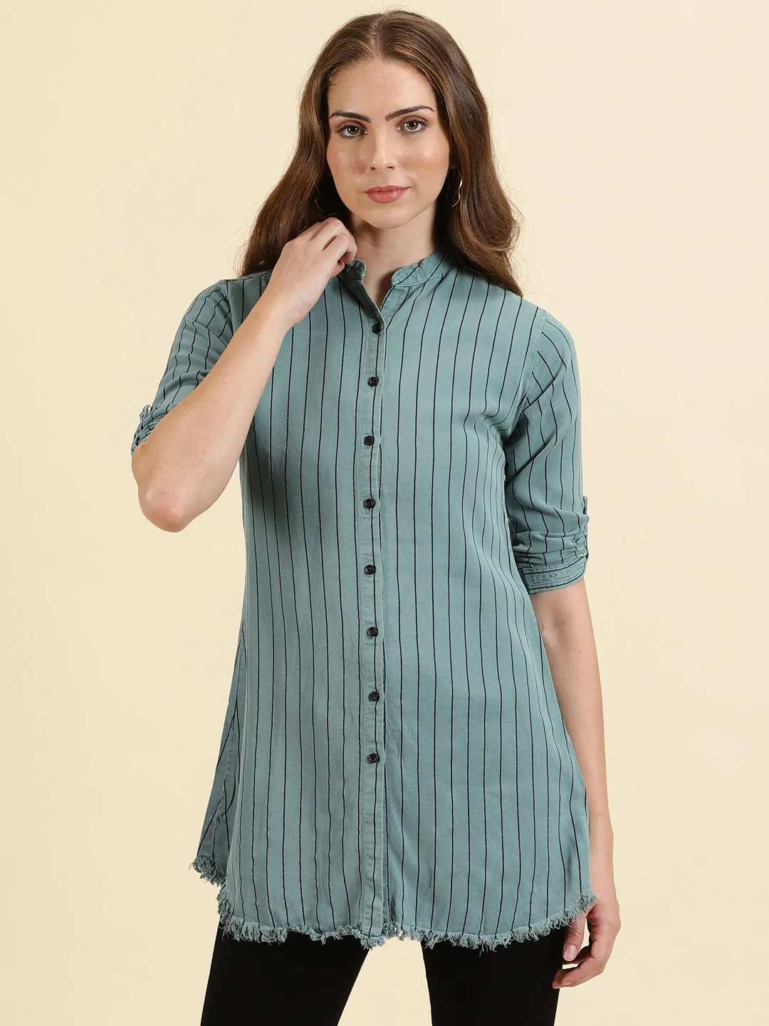 Women Teal Comfort Slim Fit Striped Mandarin Collar Cotton Casual Longline Shirt