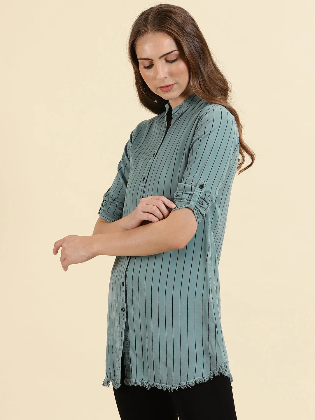 Women Teal Comfort Slim Fit Striped Mandarin Collar Cotton Casual Longline Shirt