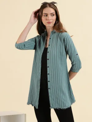 Women Teal Comfort Slim Fit Striped Mandarin Collar Cotton Casual Longline Shirt