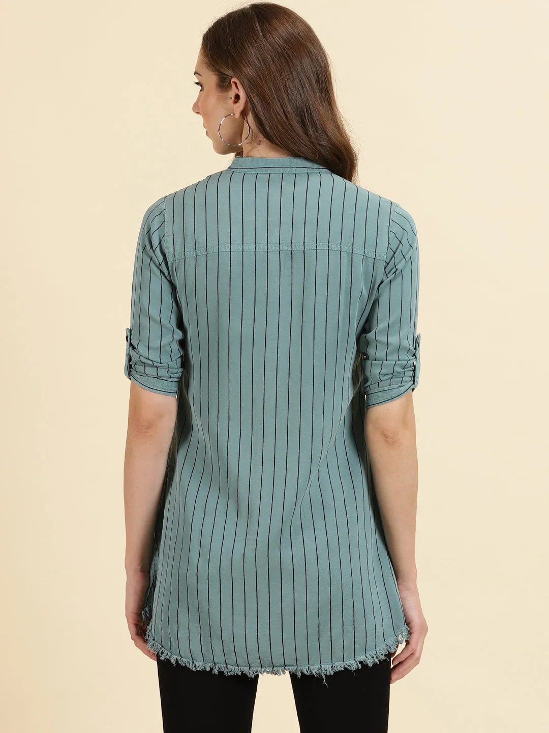 Women Teal Comfort Slim Fit Striped Mandarin Collar Cotton Casual Longline Shirt
