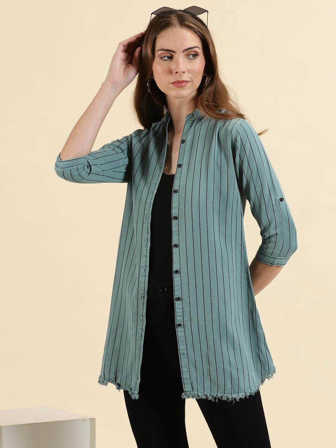 Women Teal Comfort Slim Fit Striped Mandarin Collar Cotton Casual Longline Shirt