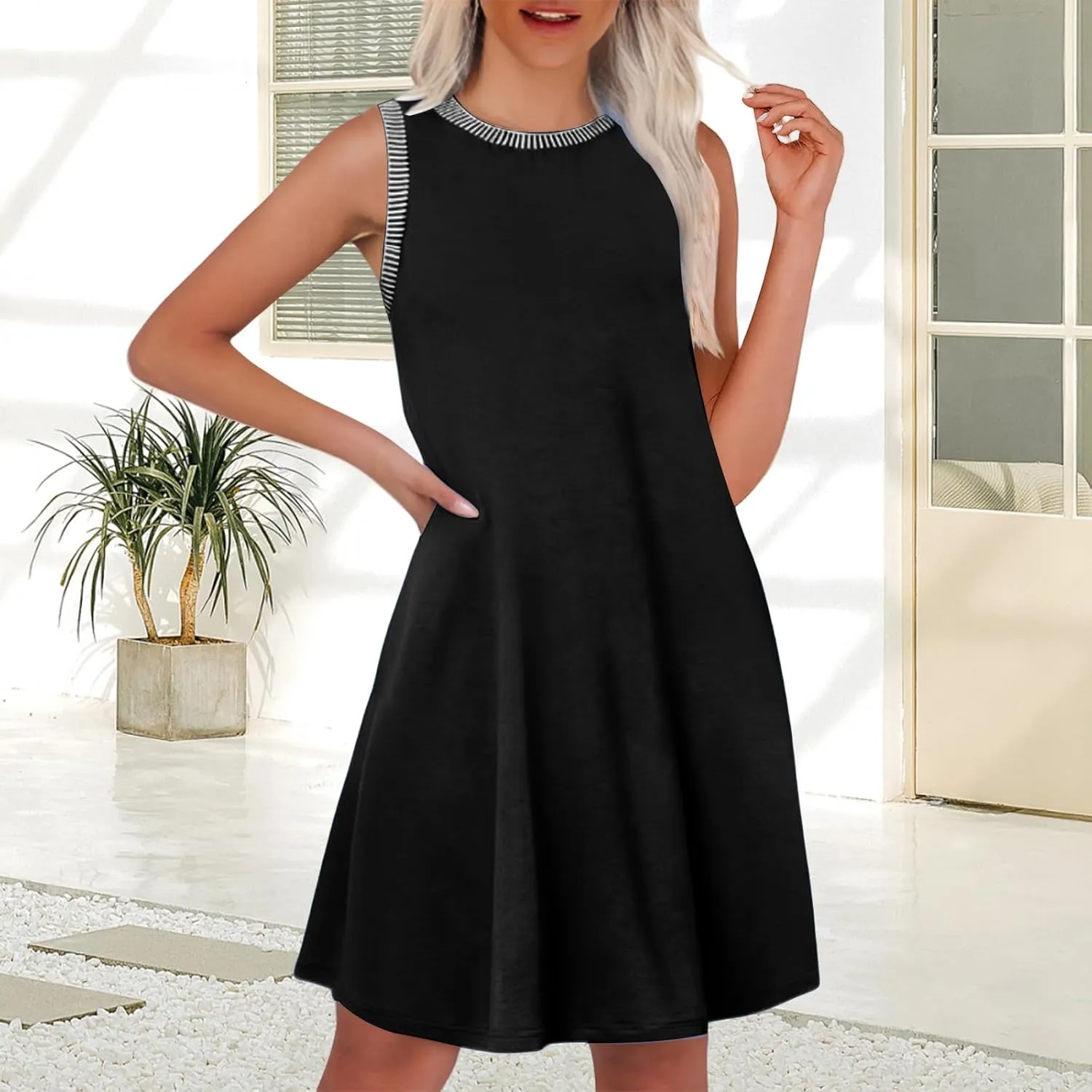 Women's 2025 Summer Sundress Ribbed Knit Sleeveless Crewneck A Line Mini Dress Casual Beach Vacation Dresses