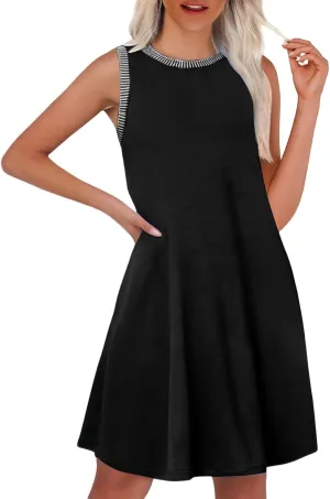 Women's 2025 Summer Sundress Ribbed Knit Sleeveless Crewneck A Line Mini Dress Casual Beach Vacation Dresses