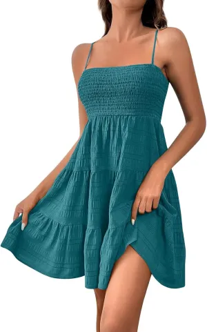Women's Beach Wedding Guest Dress Spaghetti Strap Ruffle Tiered Mini Sundress Beach Party Homecoming,S-2XL