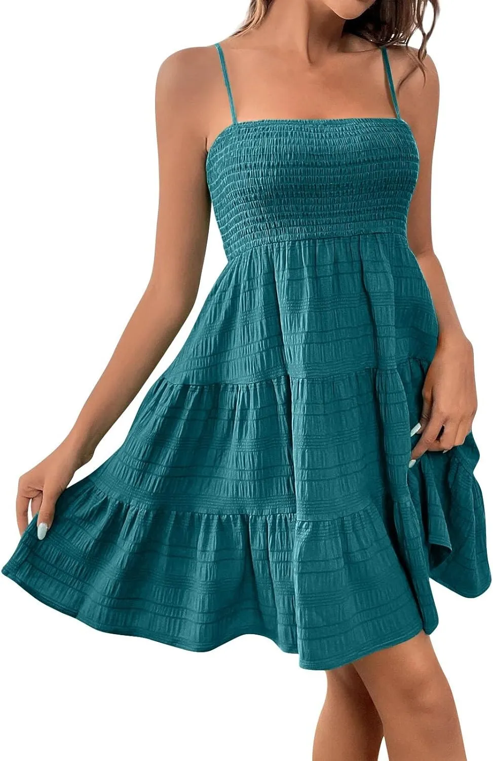 Women's Beach Wedding Guest Dress Spaghetti Strap Ruffle Tiered Mini Sundress Beach Party Homecoming,S-2XL