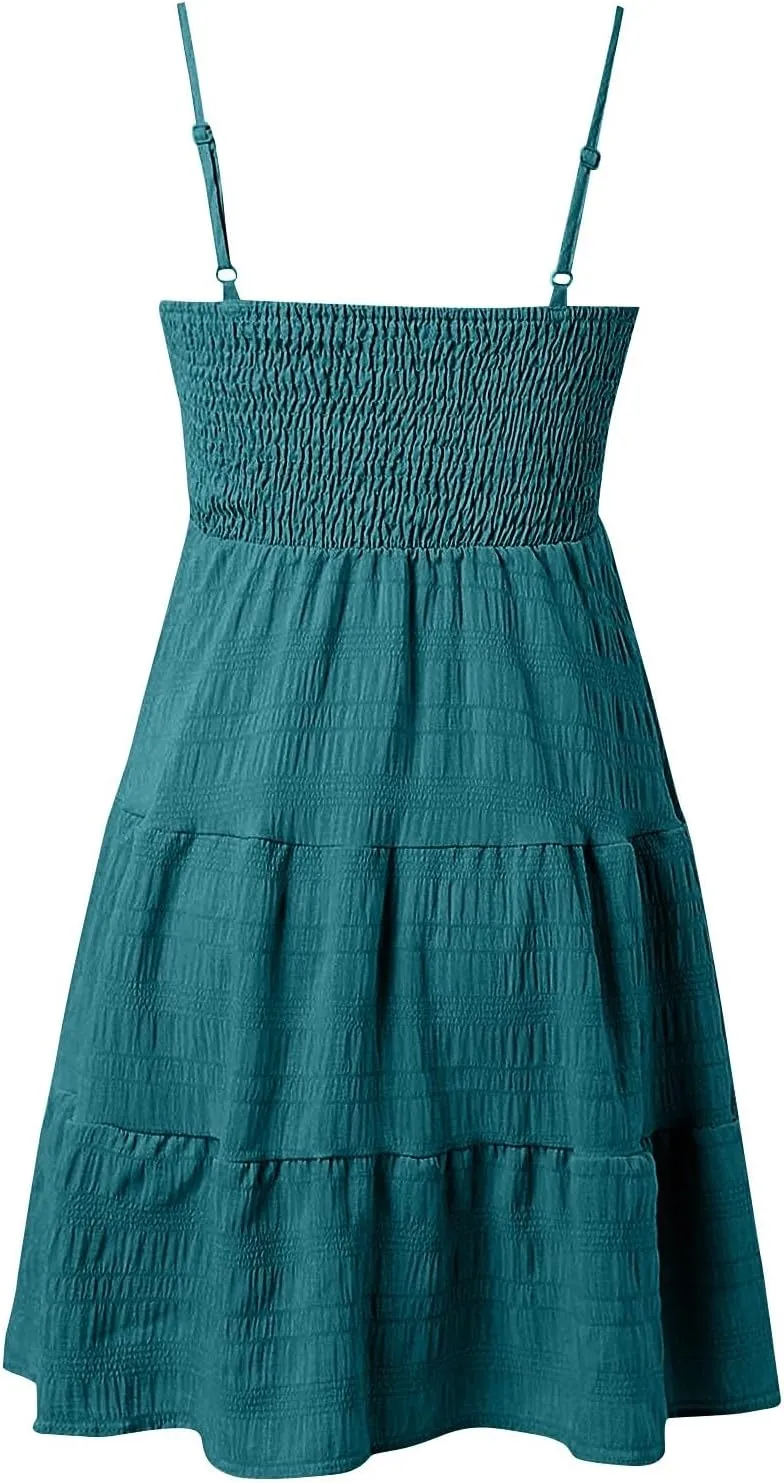 Women's Beach Wedding Guest Dress Spaghetti Strap Ruffle Tiered Mini Sundress Beach Party Homecoming,S-2XL