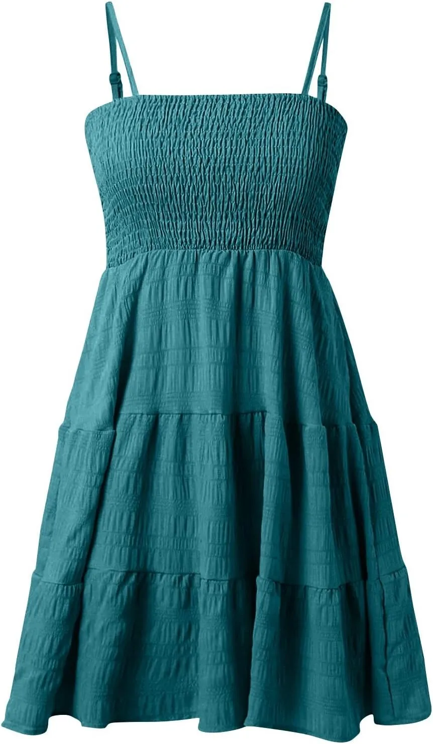 Women's Beach Wedding Guest Dress Spaghetti Strap Ruffle Tiered Mini Sundress Beach Party Homecoming,S-2XL