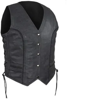 Womens Black Leather Motorcycle Vest With Braid on Front and Back Side Laces concealed carry