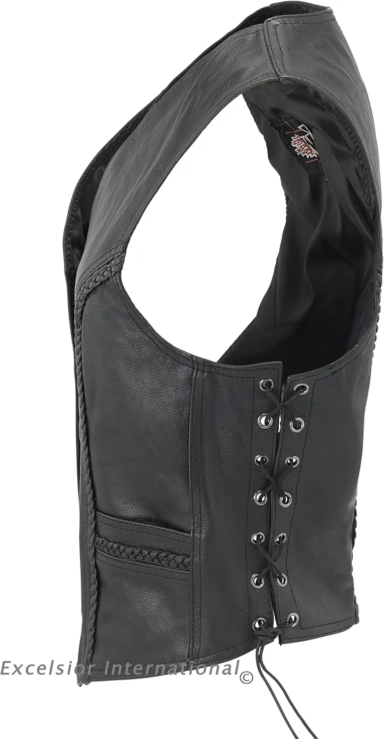 Womens Black Leather Motorcycle Vest With Braid on Front and Back Side Laces concealed carry