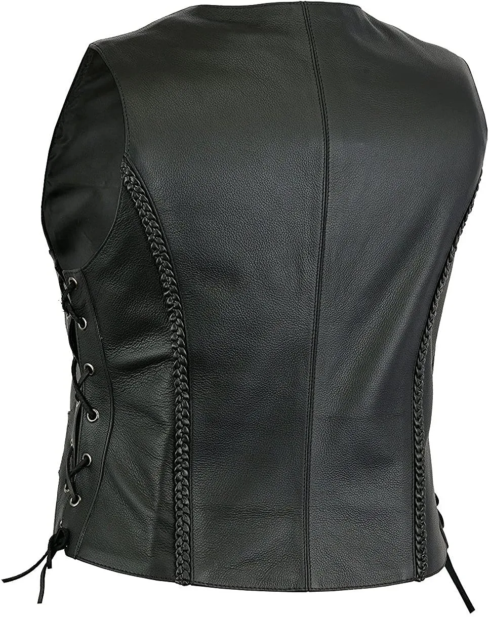 Womens Black Leather Motorcycle Vest With Braid on Front and Back Side Laces concealed carry