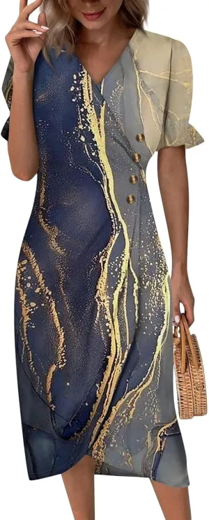 Womens Boho Floral Dresses V Neck Puff Short Sleeve Colorful Graphic Print Asymmetric Midi Dress Summer 2025