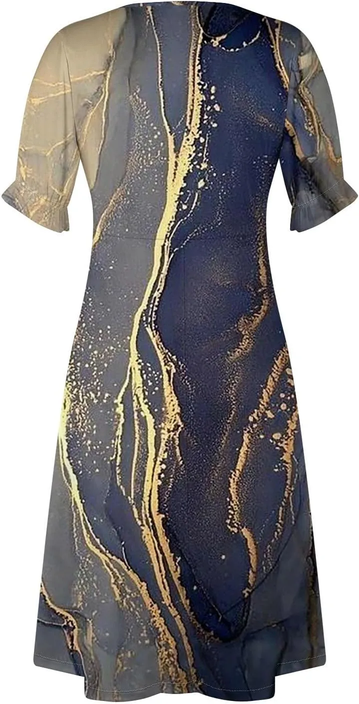 Womens Boho Floral Dresses V Neck Puff Short Sleeve Colorful Graphic Print Asymmetric Midi Dress Summer 2025