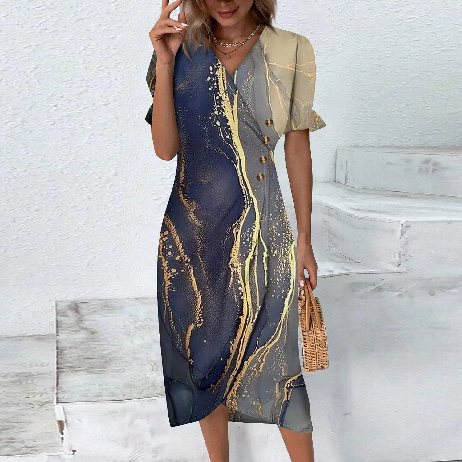 Womens Boho Floral Dresses V Neck Puff Short Sleeve Colorful Graphic Print Asymmetric Midi Dress Summer 2025