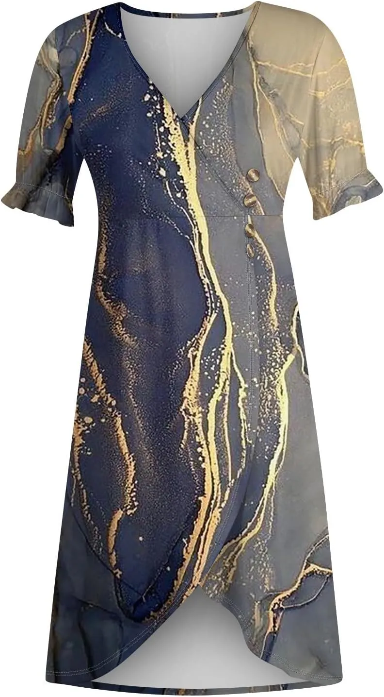 Womens Boho Floral Dresses V Neck Puff Short Sleeve Colorful Graphic Print Asymmetric Midi Dress Summer 2025