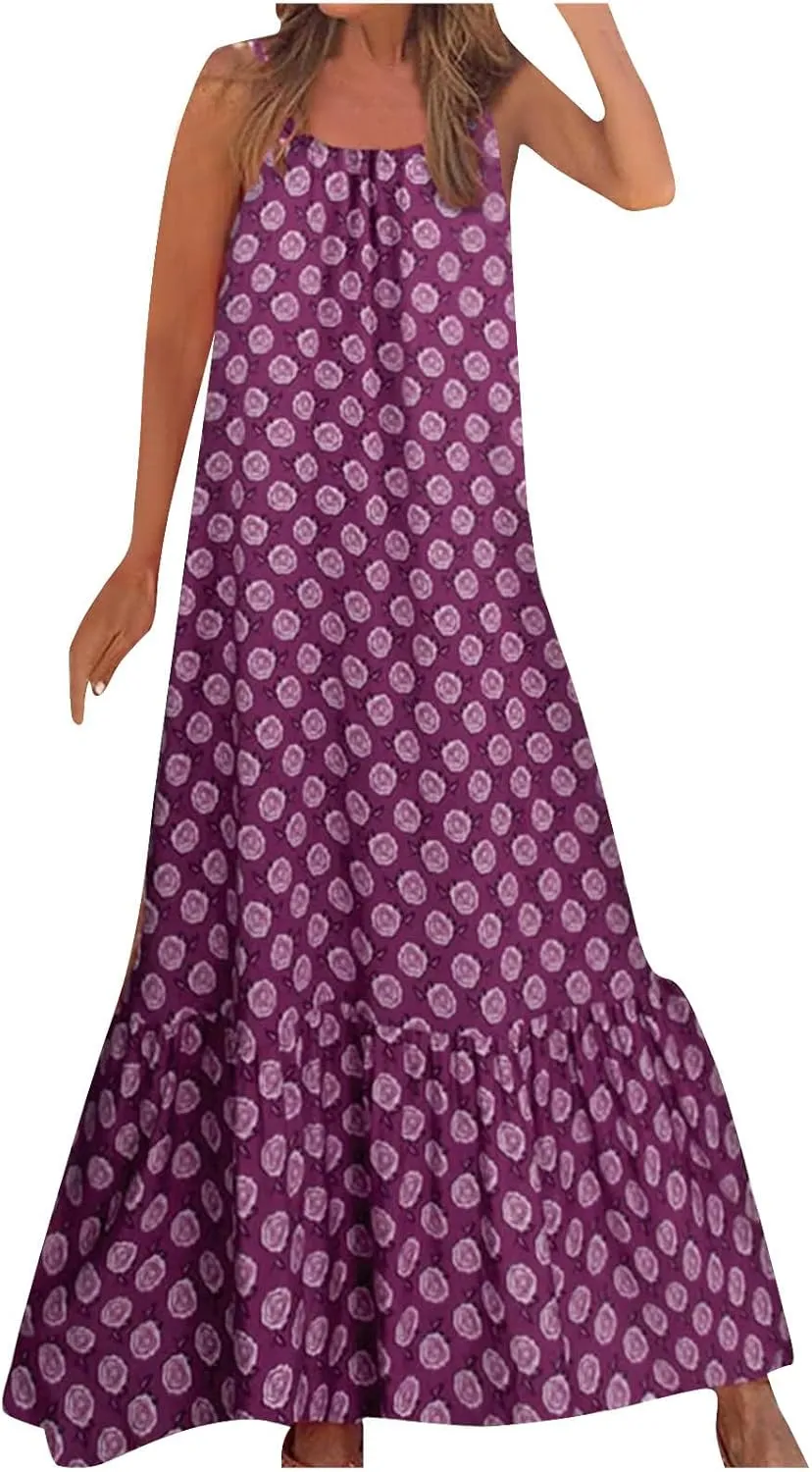 Womens Boho Strap Dresses Print Loose Maxi Dress Summer Beach Vacation Casual Sundress Ladies Fashion Travel Clothes