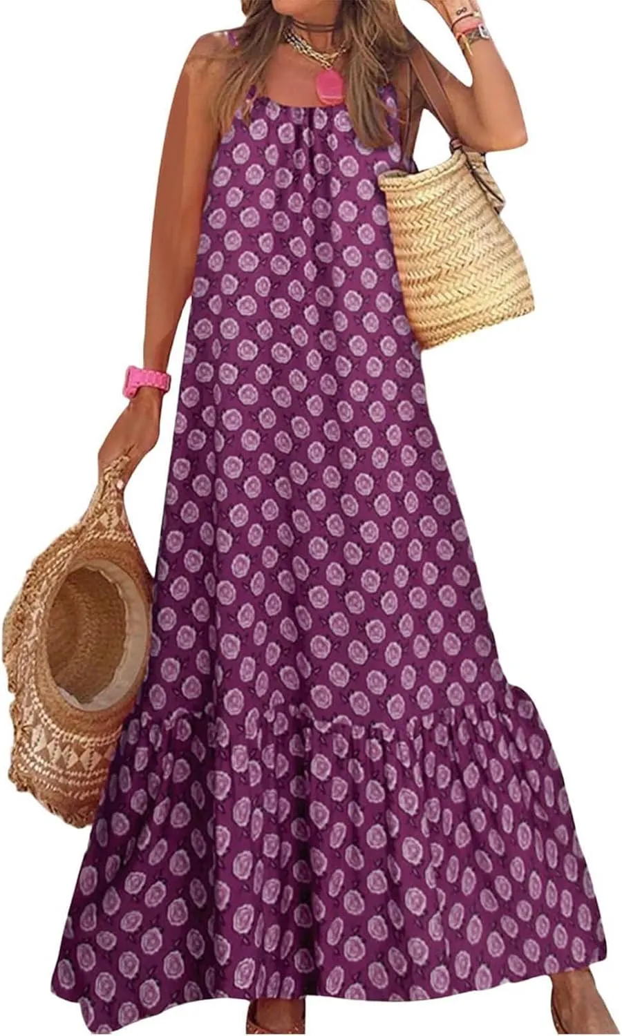 Womens Boho Strap Dresses Print Loose Maxi Dress Summer Beach Vacation Casual Sundress Ladies Fashion Travel Clothes