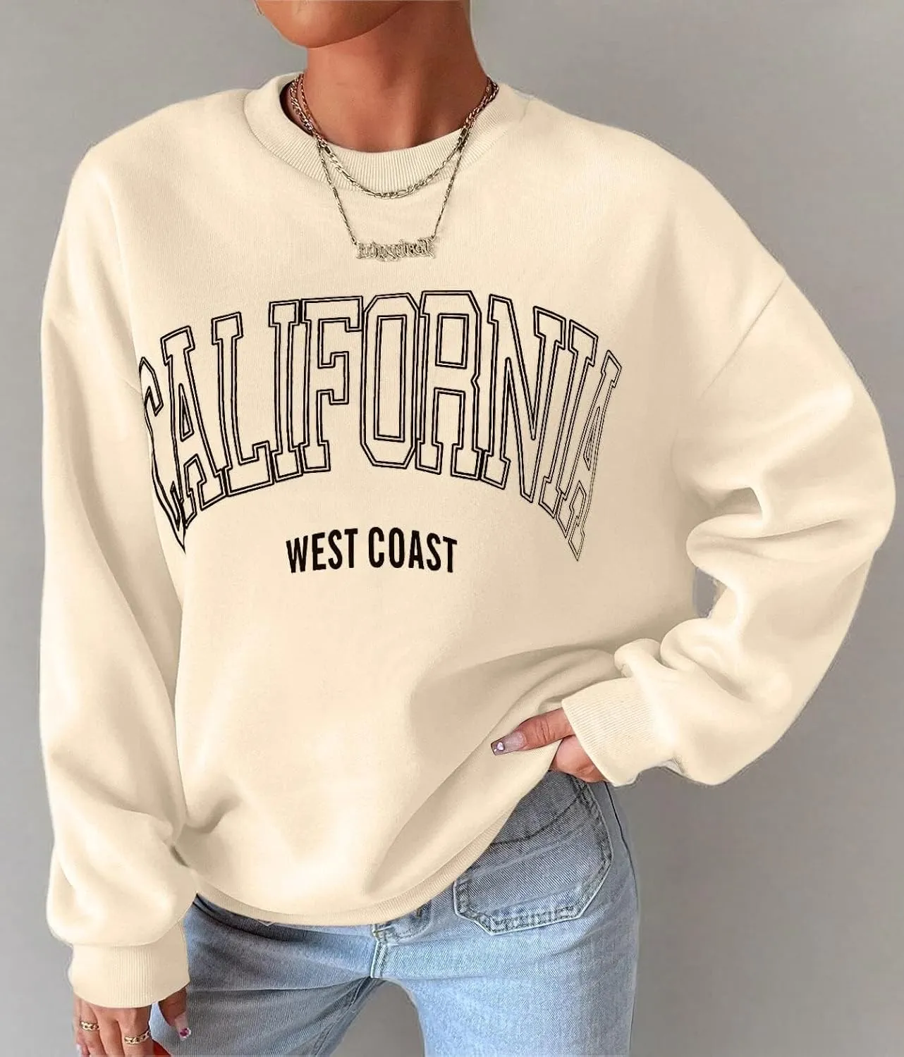 Womens California Letter Graphic Oversize Fleece Sweatshirt Crew Neck Drop Shoulder Pullover Y2K Fall Teens