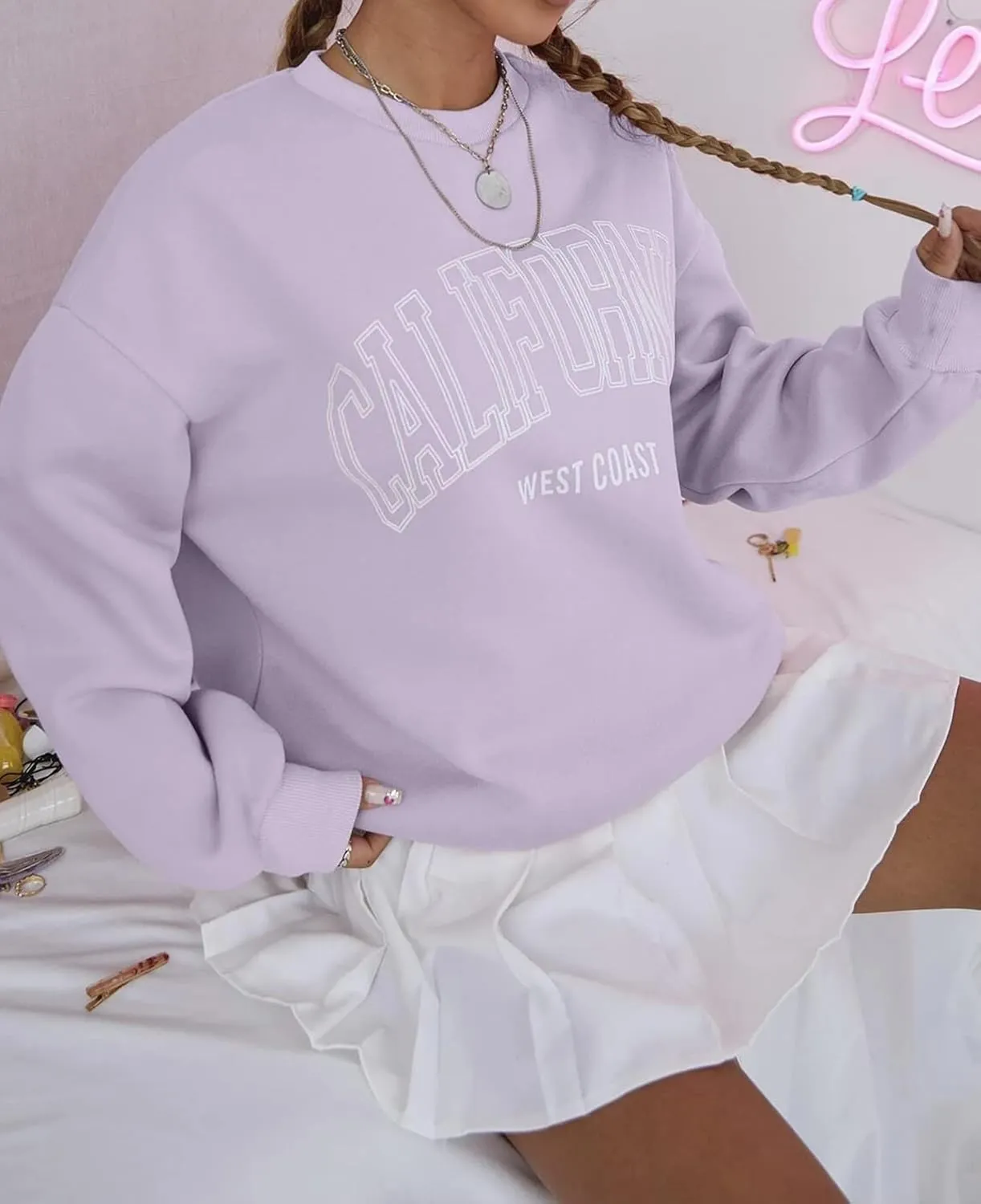 Womens California Letter Graphic Oversize Fleece Sweatshirt Crew Neck Drop Shoulder Pullover Y2K Fall Teens