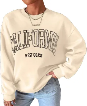 Womens California Letter Graphic Oversize Fleece Sweatshirt Crew Neck Drop Shoulder Pullover Y2K Fall Teens