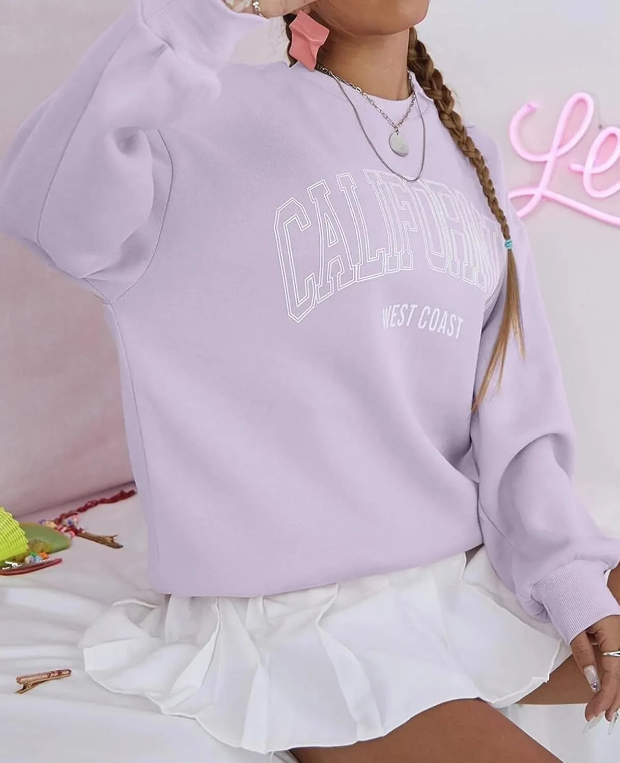 Womens California Letter Graphic Oversize Fleece Sweatshirt Crew Neck Drop Shoulder Pullover Y2K Fall Teens
