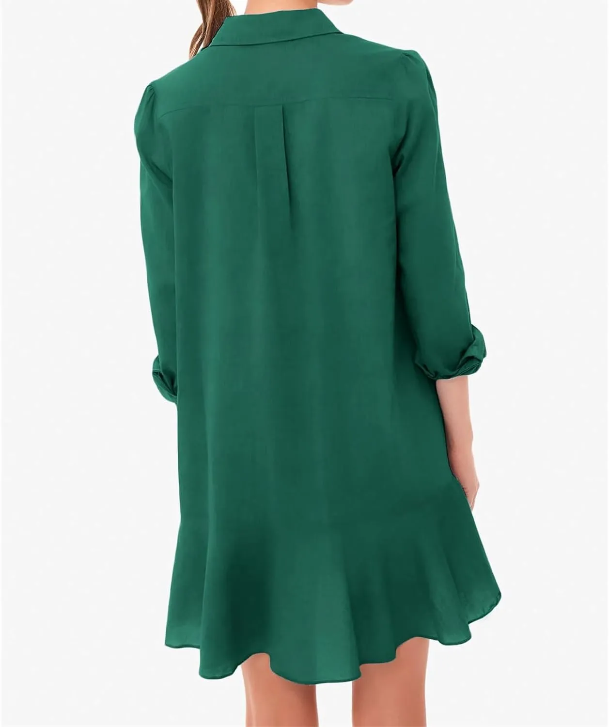 Womens Casual Dress Loose Lapel Button Down Long Sleeve Mini Dresses Trendy Flowy Solid Ruffle Hem Beach Sundress
