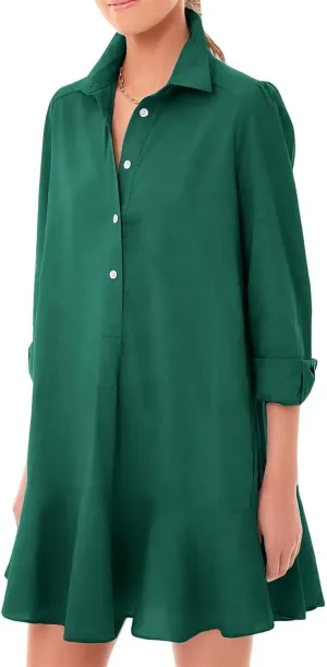 Womens Casual Dress Loose Lapel Button Down Long Sleeve Mini Dresses Trendy Flowy Solid Ruffle Hem Beach Sundress