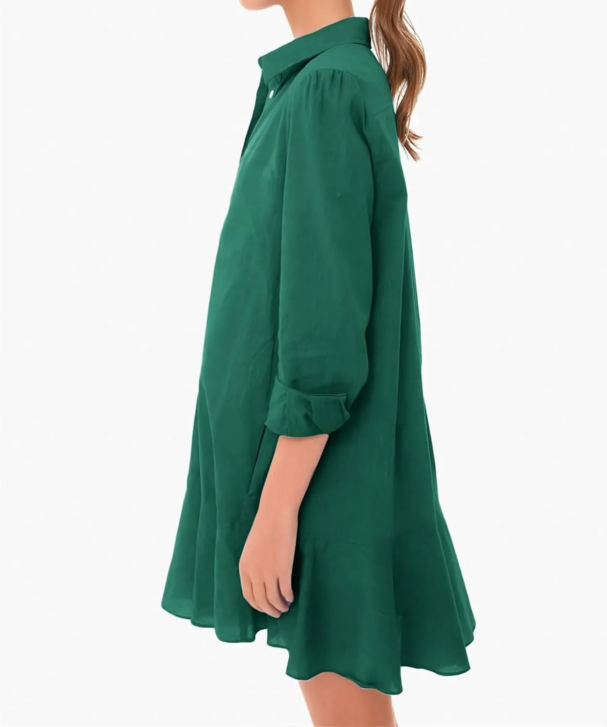 Womens Casual Dress Loose Lapel Button Down Long Sleeve Mini Dresses Trendy Flowy Solid Ruffle Hem Beach Sundress