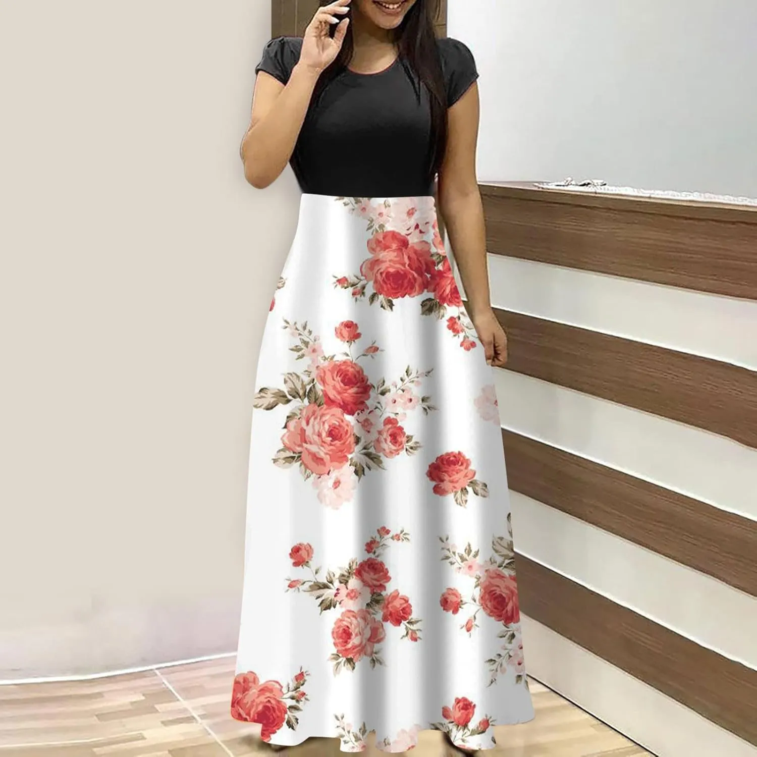 Women's Casual Dresses Floral Short Sleeve Tie Waist Ruffle Dresses Women Party Beach Vacation Dress