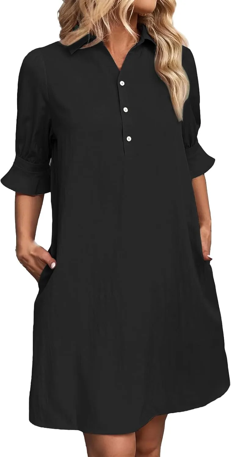 Womens Casual Shirt Dress Ruffle Sleeve Button Down Shirt Dress Summer Loose Mini Dresses for Women Solid Color
