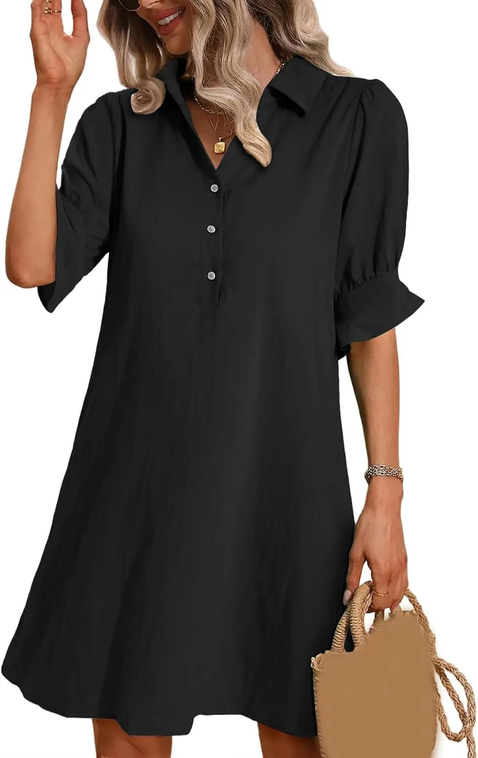 Womens Casual Shirt Dress Ruffle Sleeve Button Down Shirt Dress Summer Loose Mini Dresses for Women Solid Color