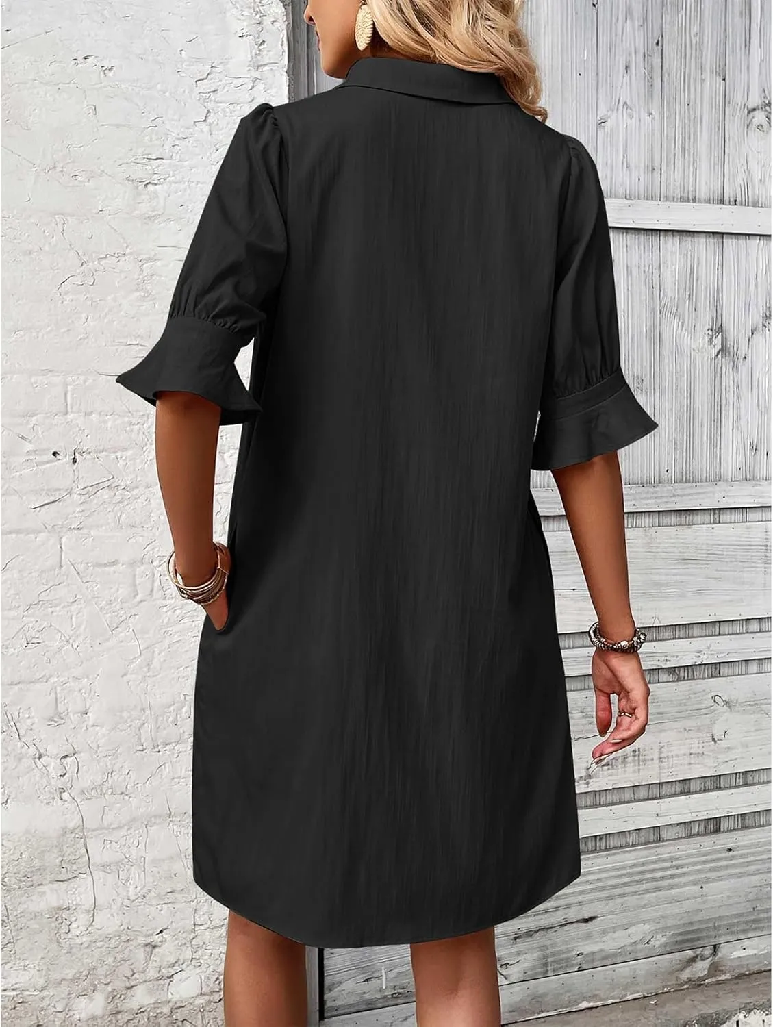 Womens Casual Shirt Dress Ruffle Sleeve Button Down Shirt Dress Summer Loose Mini Dresses for Women Solid Color