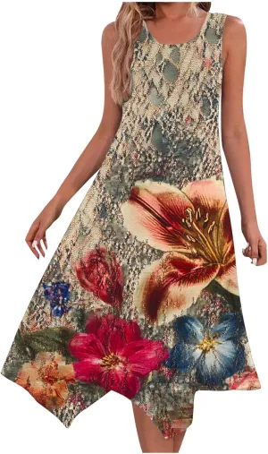 Women's Casual Summer Dress Floral Print Sleeveless Beach Sundress Hankerchief Hem Midi Tank Dresses with Pockets
