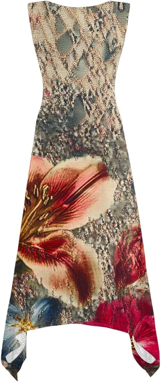 Women's Casual Summer Dress Floral Print Sleeveless Beach Sundress Hankerchief Hem Midi Tank Dresses with Pockets