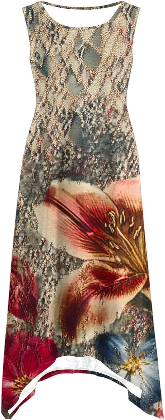 Women's Casual Summer Dress Floral Print Sleeveless Beach Sundress Hankerchief Hem Midi Tank Dresses with Pockets