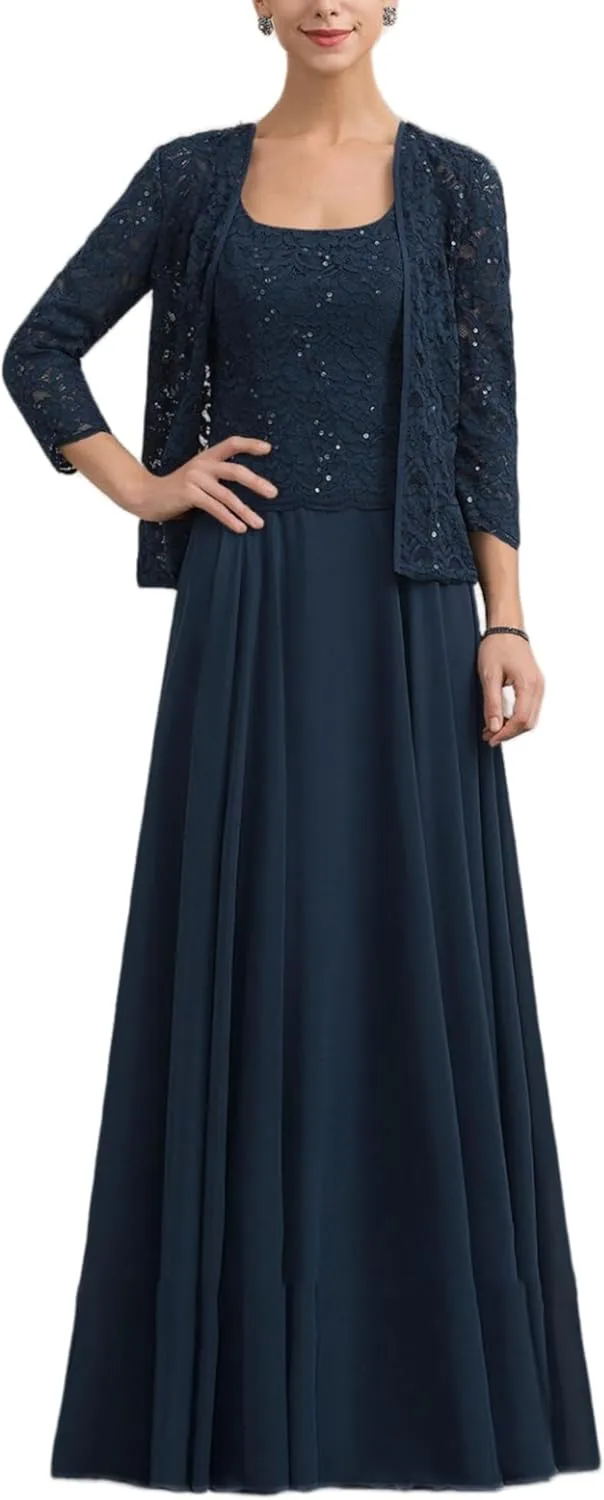 Women's Chiffon Mother of The Bride Dresses 2 Pieces Lace Appliques Mother of The Groom Dress
