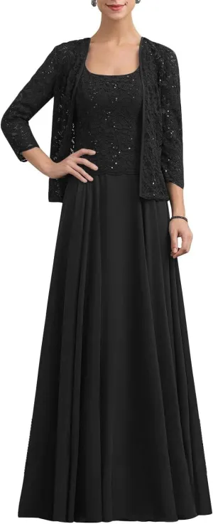Women's Chiffon Mother of The Bride Dresses 2 Pieces Lace Appliques Mother of The Groom Dress
