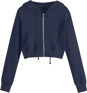 Womens Cropped Hoodies Trendy Fall Solid Drawstring Full Zip Sweatshirts Oversized Long Sleeve Outfits