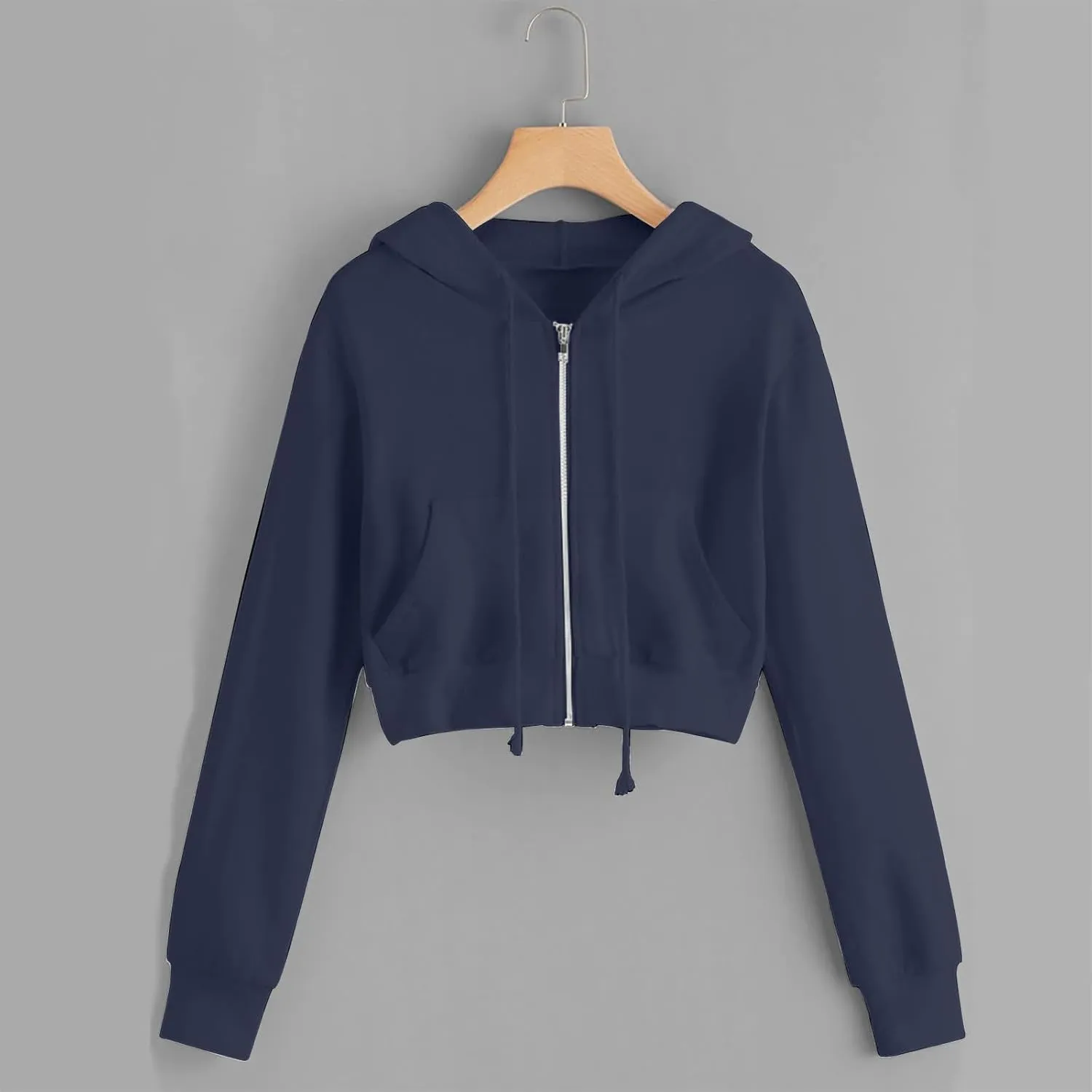 Womens Cropped Hoodies Trendy Fall Solid Drawstring Full Zip Sweatshirts Oversized Long Sleeve Outfits