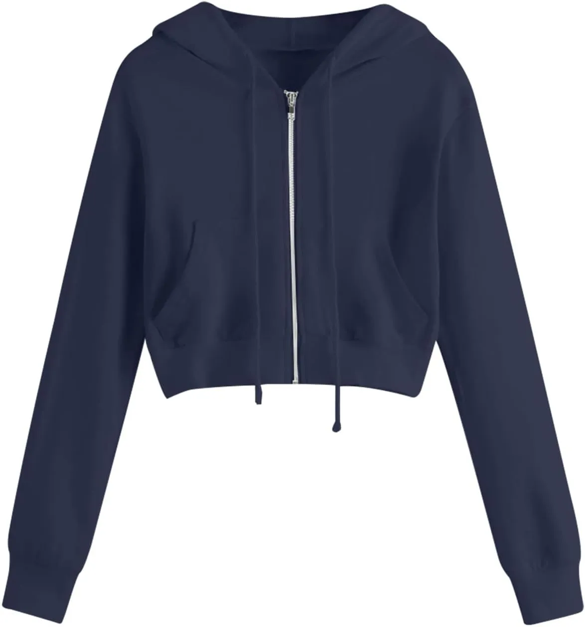Womens Cropped Hoodies Trendy Fall Solid Drawstring Full Zip Sweatshirts Oversized Long Sleeve Outfits