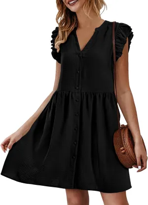 Women's Dresses 2024 Summer Mini Dress Casual Ruffle Sleeveless Button Down V Neck Loose Dress Sundresses