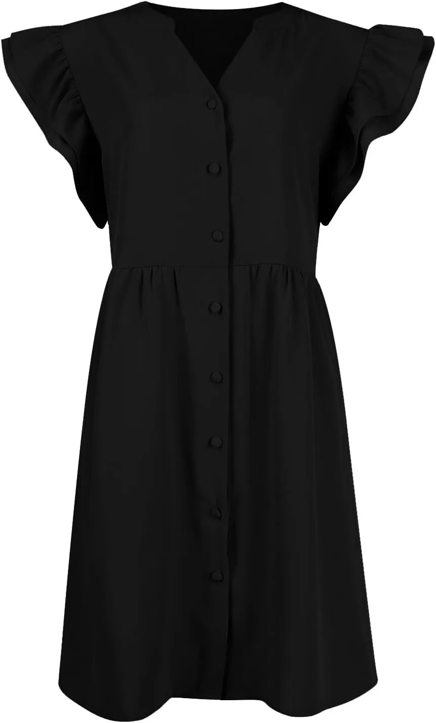 Women's Dresses 2024 Summer Mini Dress Casual Ruffle Sleeveless Button Down V Neck Loose Dress Sundresses