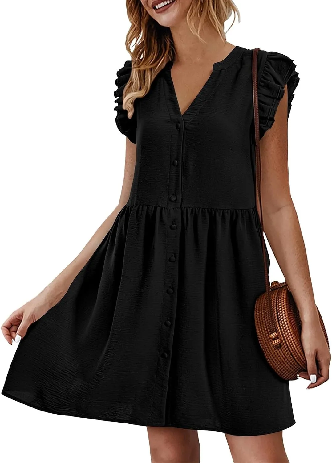 Women's Dresses 2024 Summer Mini Dress Casual Ruffle Sleeveless Button Down V Neck Loose Dress Sundresses