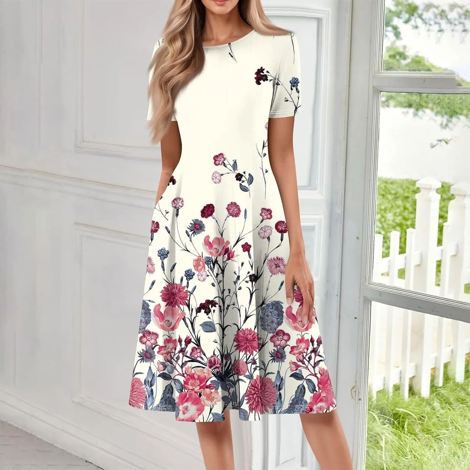 Womens Dresses 2025 Summer Crewneck Short Sleeve Cinch Waist A Line Dress Side Pockets Midi Sun Dress Vacation