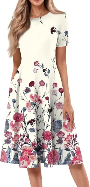 Womens Dresses 2025 Summer Crewneck Short Sleeve Cinch Waist A Line Dress Side Pockets Midi Sun Dress Vacation