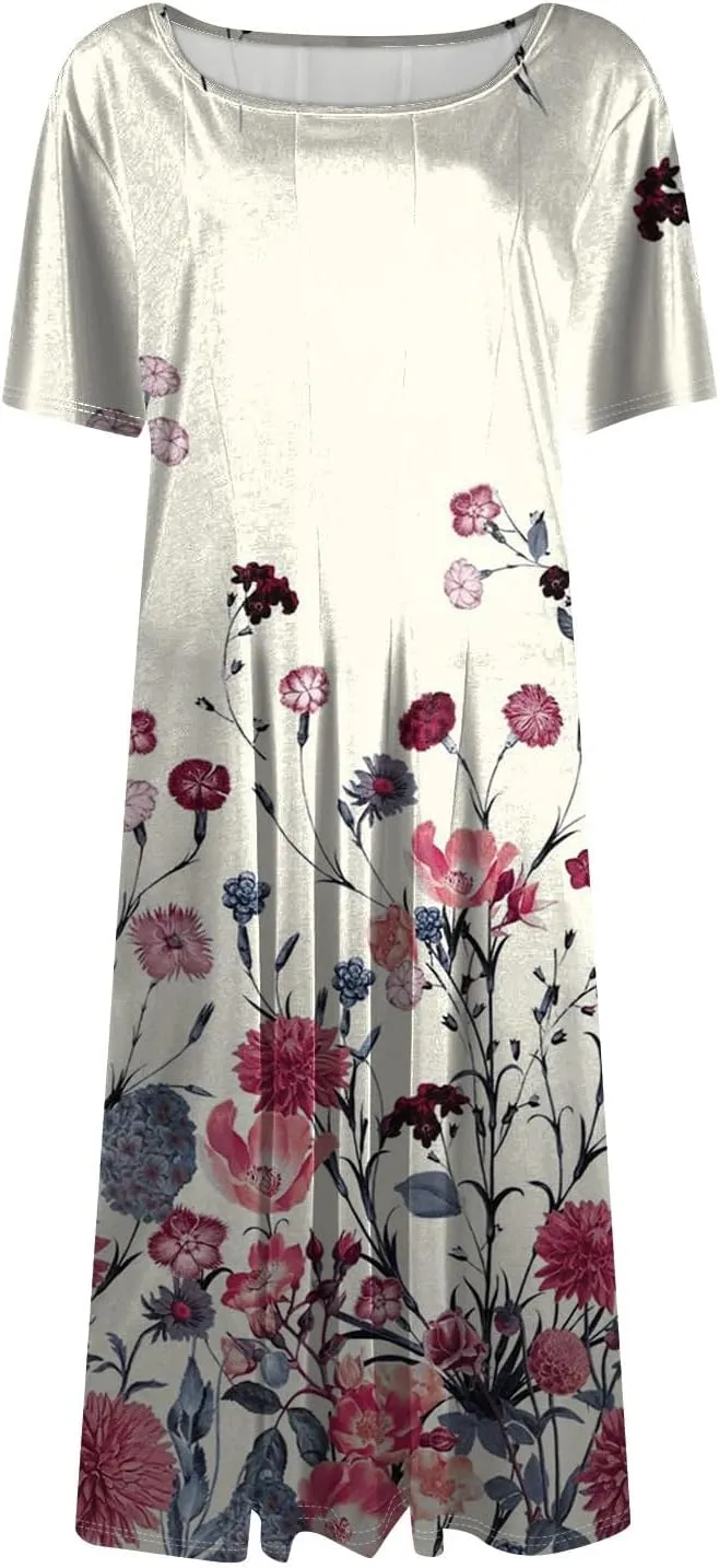 Womens Dresses 2025 Summer Crewneck Short Sleeve Cinch Waist A Line Dress Side Pockets Midi Sun Dress Vacation