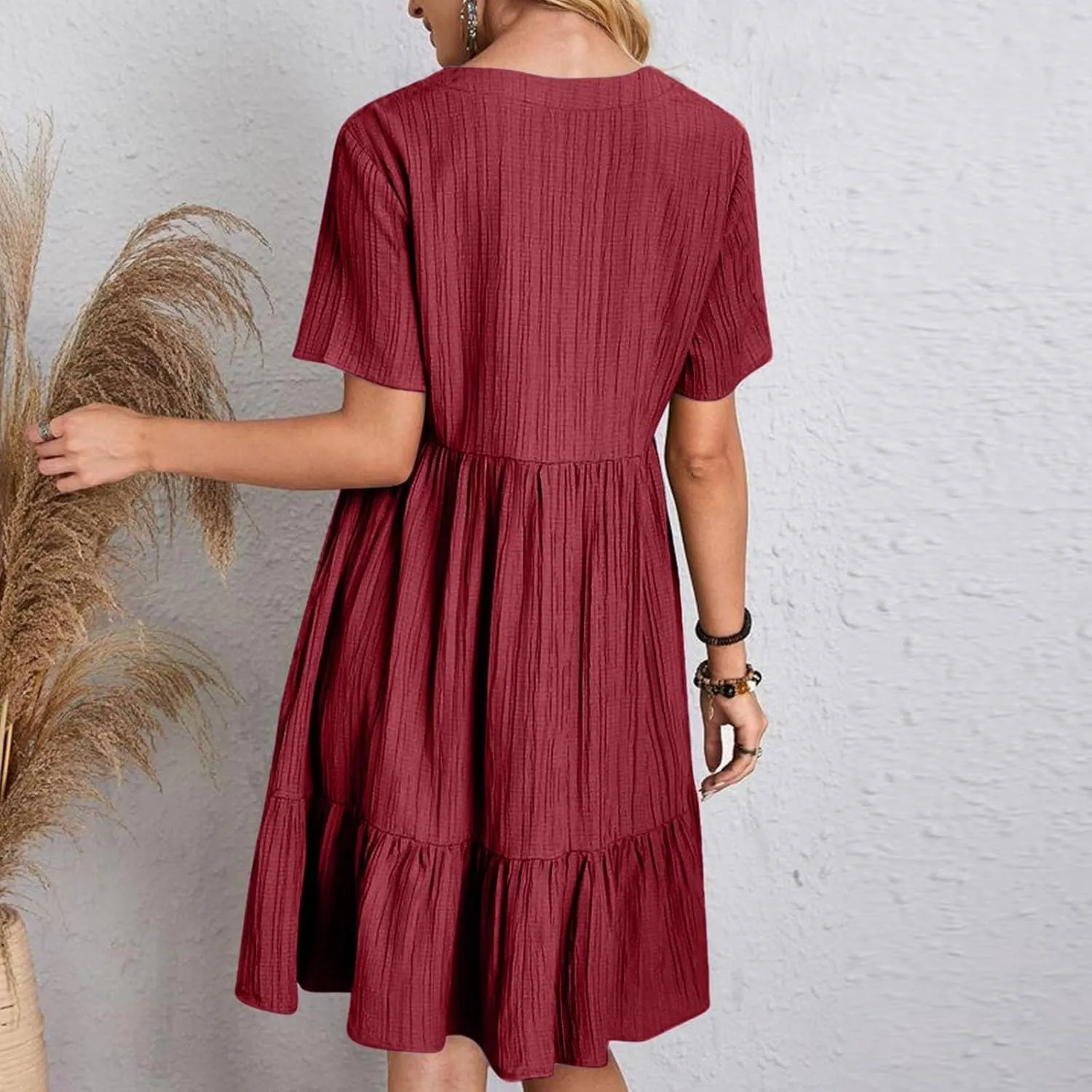 Womens Dresses 2025 Summer Spring Short Sleeve V Neck Mini T Shirt Dress Pleated Ruffle Flowy Beach Sundresses 2025