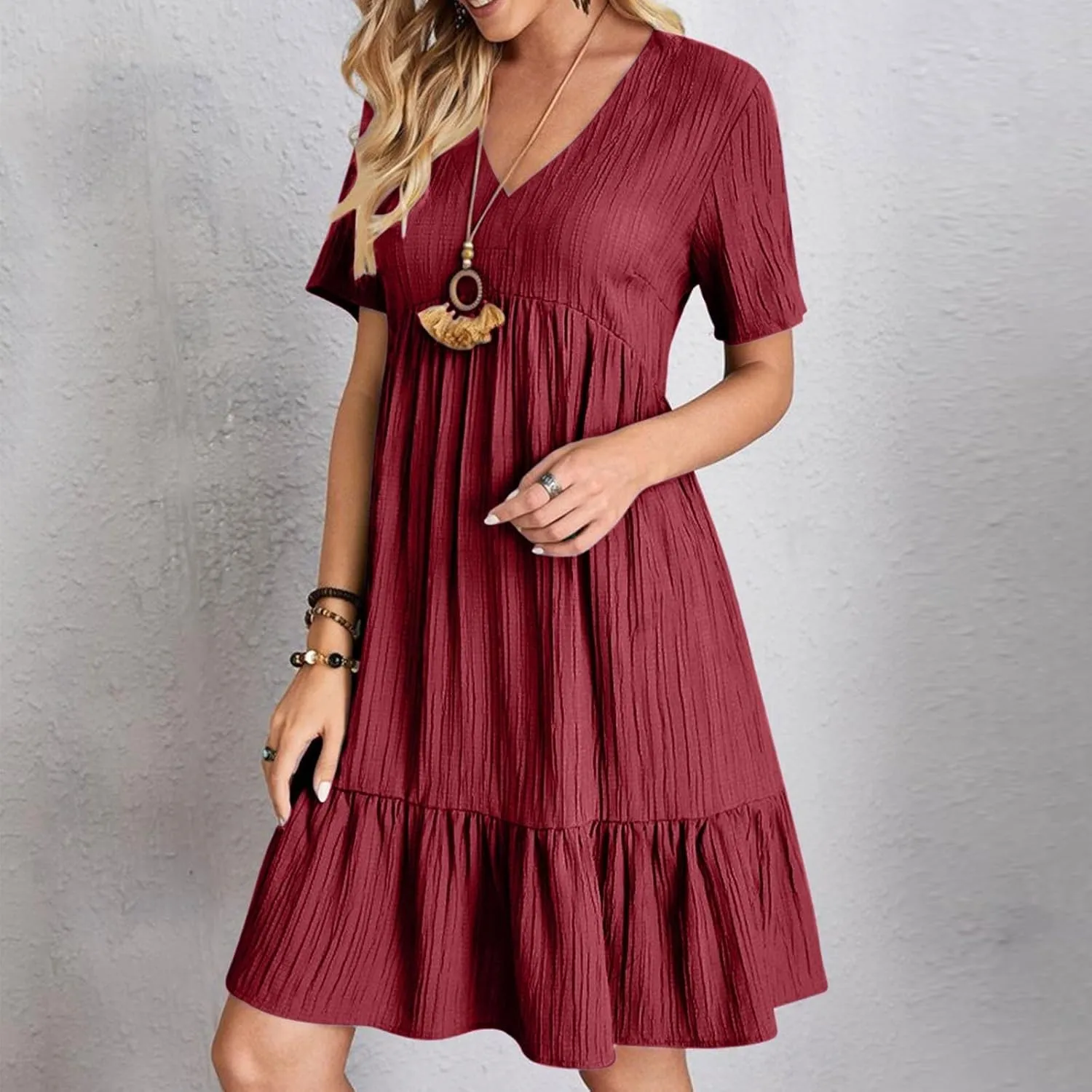 Womens Dresses 2025 Summer Spring Short Sleeve V Neck Mini T Shirt Dress Pleated Ruffle Flowy Beach Sundresses 2025