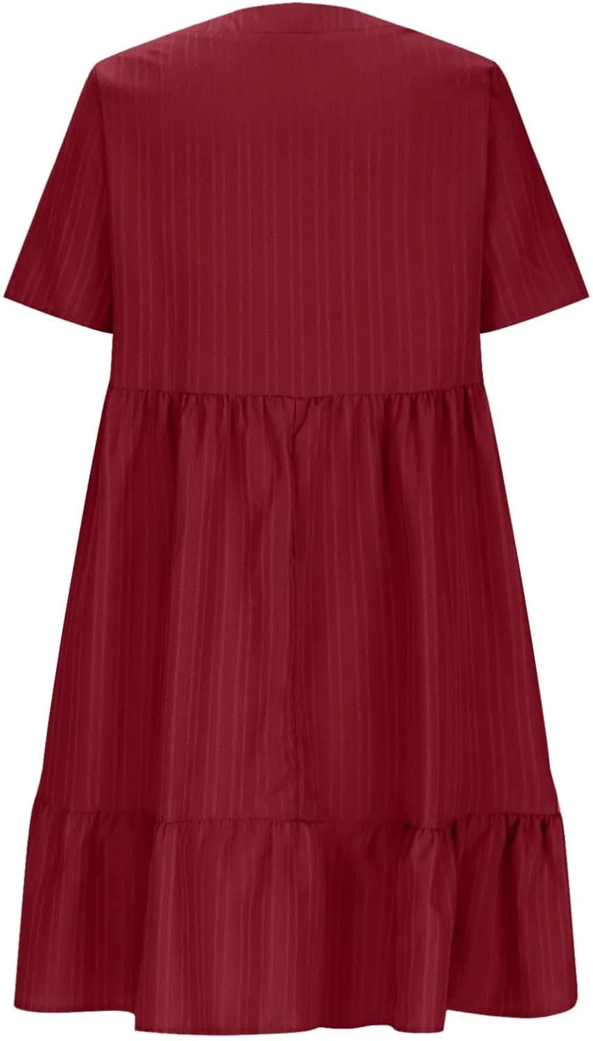 Womens Dresses 2025 Summer Spring Short Sleeve V Neck Mini T Shirt Dress Pleated Ruffle Flowy Beach Sundresses 2025