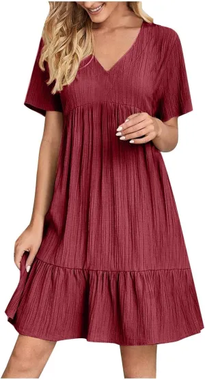 Womens Dresses 2025 Summer Spring Short Sleeve V Neck Mini T Shirt Dress Pleated Ruffle Flowy Beach Sundresses 2025