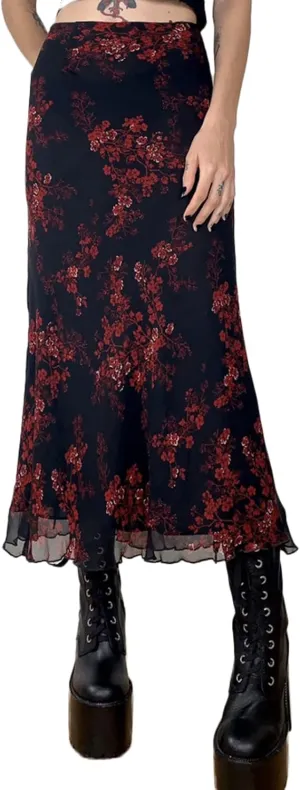 Women's Fairy Grunge Midi Skirt High Waist Vintage A-Line Long Skirt Lace Up Solid Color Y2K Streetwear Clothes (Black, L)